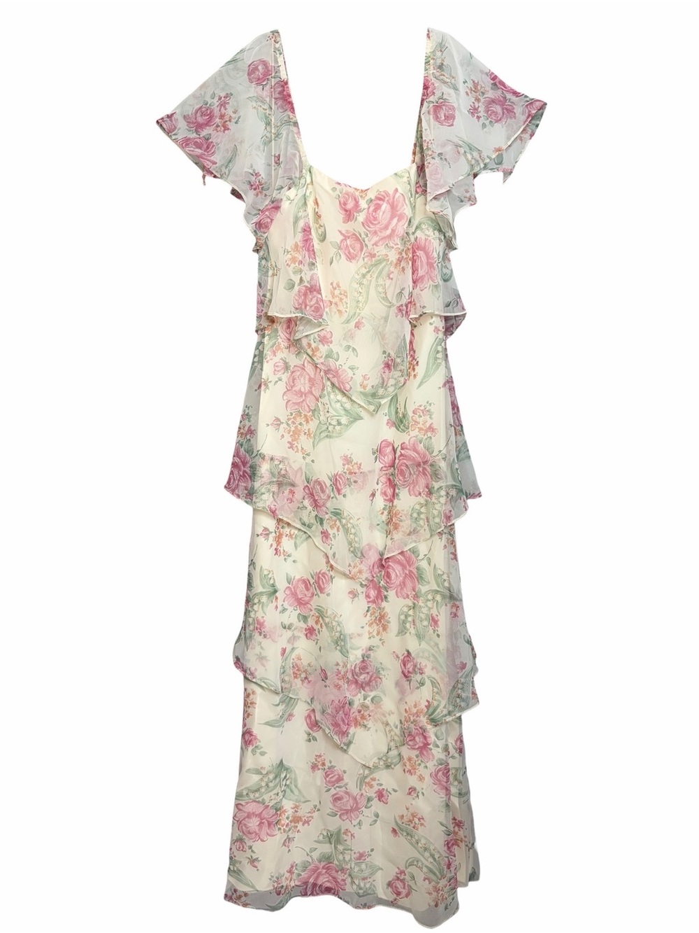 Vintage 70s Floral Maxi Dress Ivory Pink Tiered Ruffle Cottagecore Prairie Gown - Picture 3 of 11